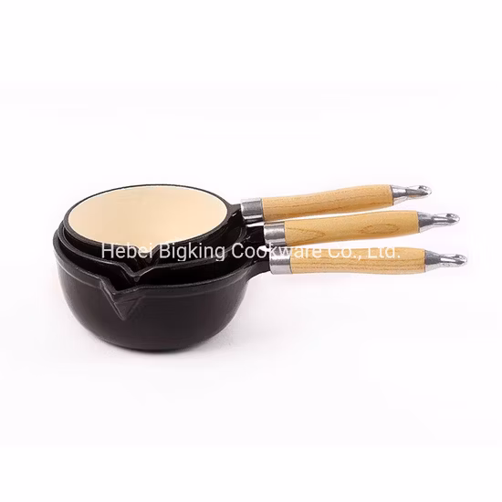 Olla arrocera redonda de hierro fundido con mango de madera