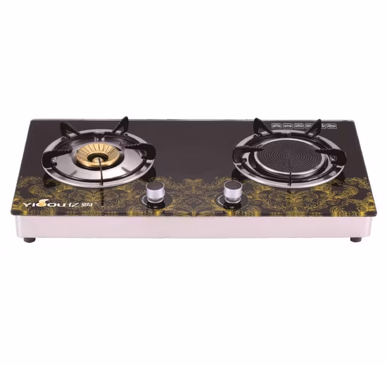 Cocina de gas de 2 hornillas de infrarrojos y hierro fundido con tapa de vidrio y marco de acero inoxidable